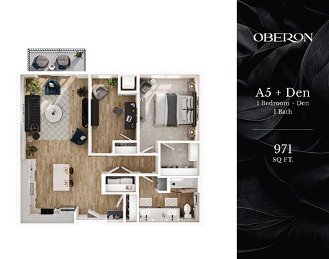 Floor plan for 1 bed, 1 bath, 971 sqft